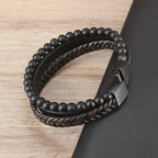 Vintage Punk Hand Woven Three Layer Leather Black Beaded Bracelet Magnetic Bracelet Clasp Men\\'s Charm Business Event Jewelry