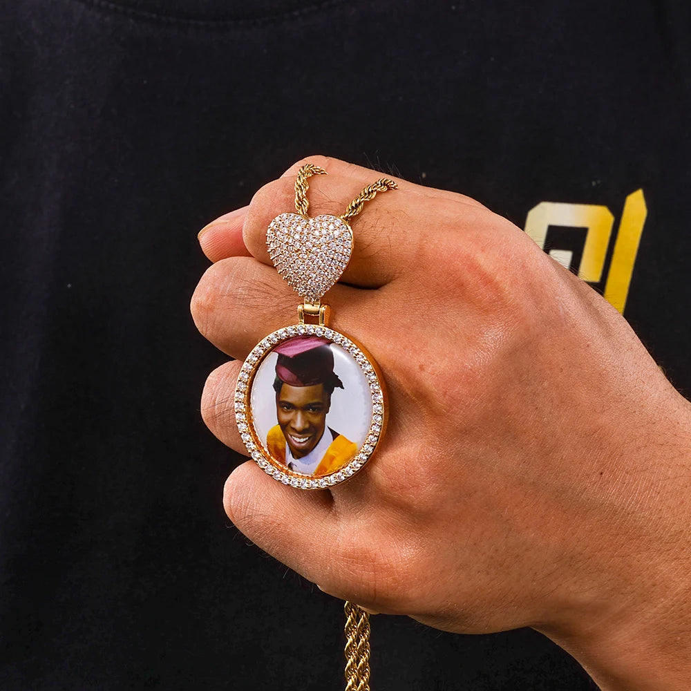 Iced Out Heart Photo Pendant Necklace 35MM