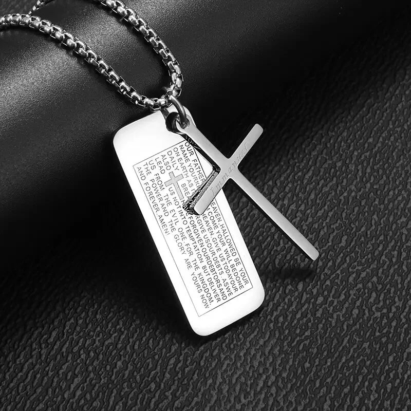 Men\'s Cross Necklace Stainless Steel Silver Color Faith Cross Bible Verse Dog Tag Pendant Necklace Birthday Gifts for