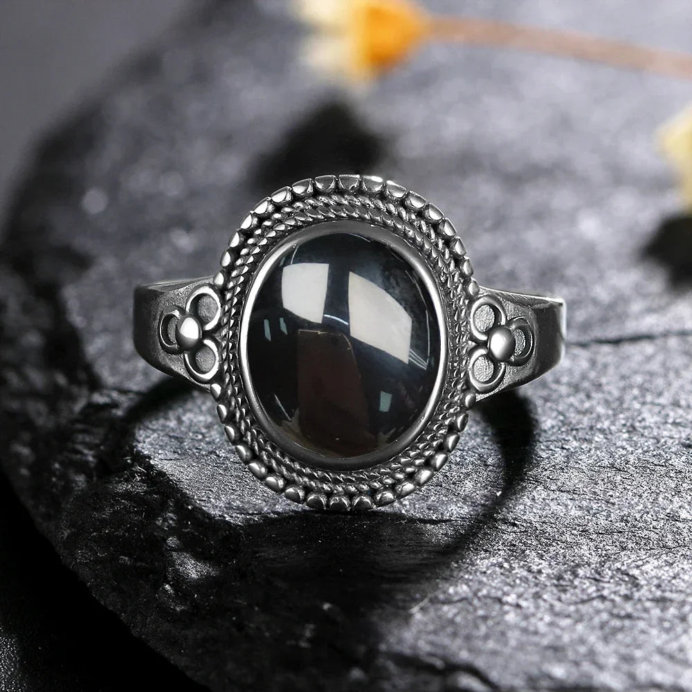 Sterling Silver 925 Vintage Rings Oval 8X10mm Rings Black Onyx Natural Fine Jewelry For Men Women Rhodochrosite Rings