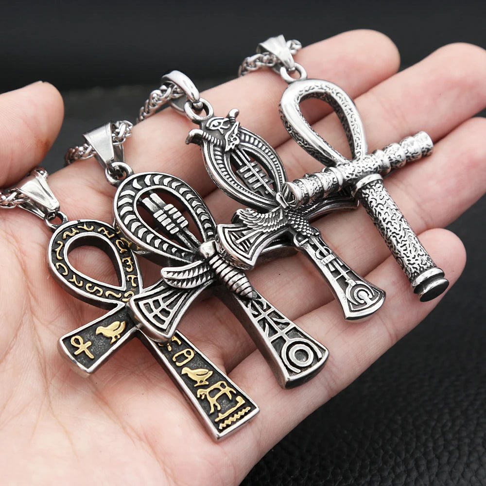 Vintage Stainless Steel Ancient Egyptian Ankh Cross Pendant Necklaces For Men Women Fashion Eye Of Horus Amulet Jewelry