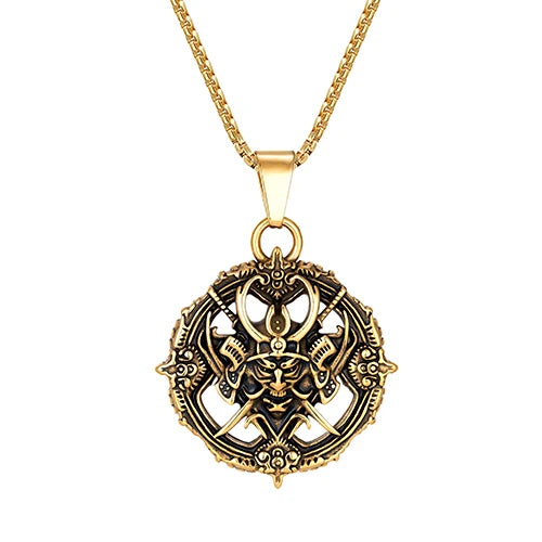 Samurai Oni Mask Pendant Necklace — Stainless Steel