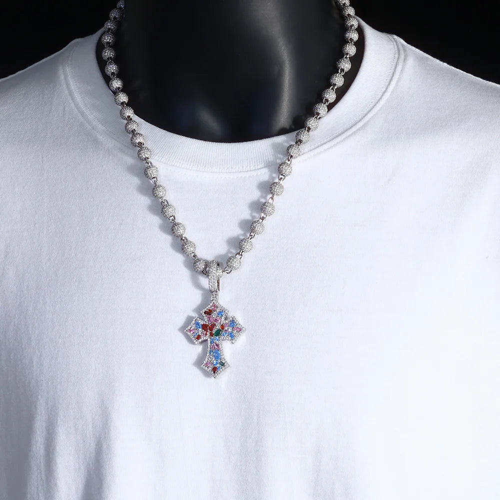 Cross Pendant Necklace Iced Out Colorful CZ