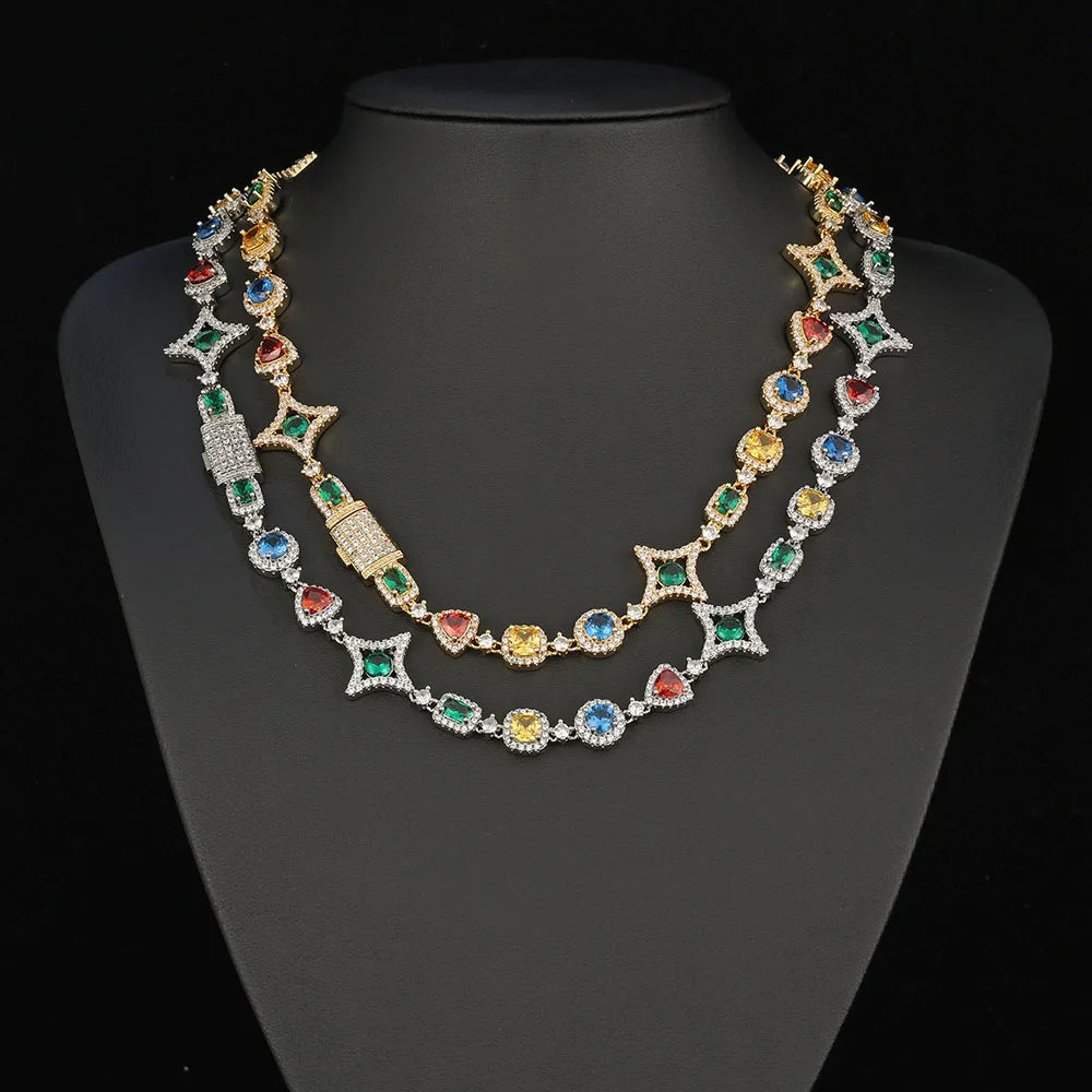 Cross Chain Necklace Iced Out Colorful Gemstone