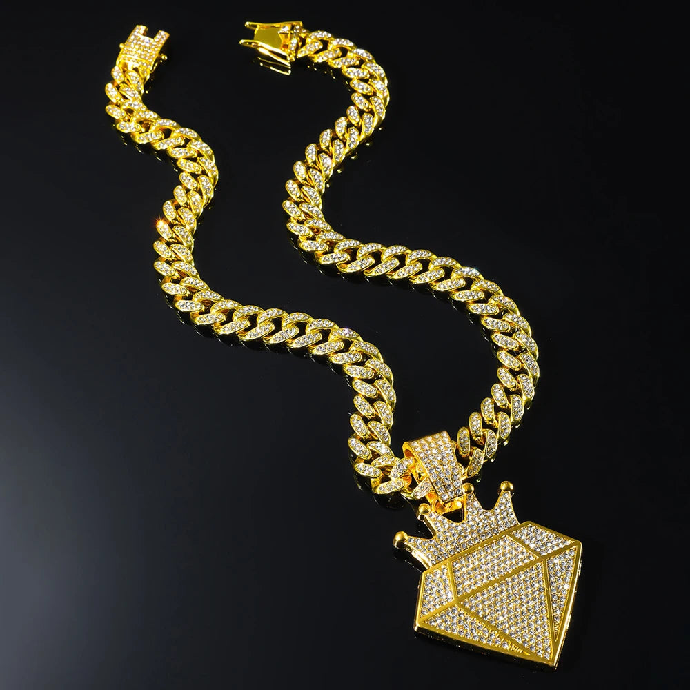 Hip Hop Iced Out Crown Pendant Necklace With 13mm Rhinestone Cuban Chain Bling Necklaces Men Women Fashion Charm