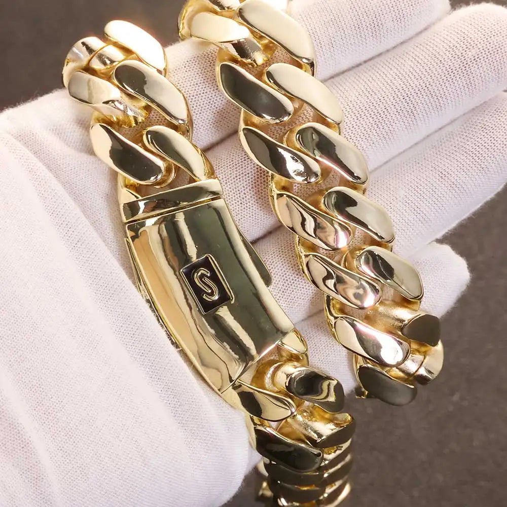 Gold Cuban Bracelet 20MM Monaco Smooth Lock