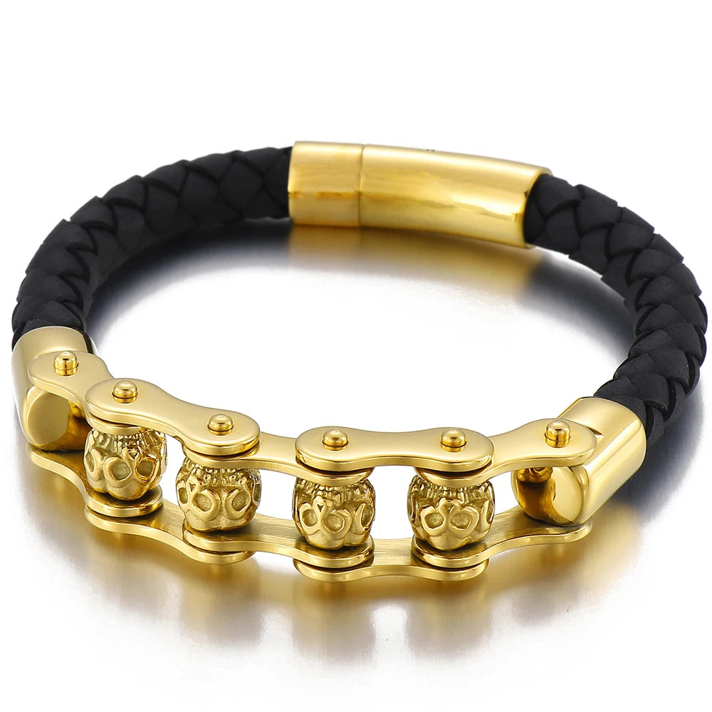 Rotatable Relieve Stress Skull Head Beads Bracelets for Man Punk Gothic Stainless Steel & Leather Motorcycle Biker
