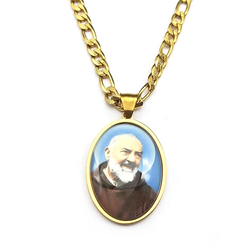 Catholic Padre Pio Saint Father Glass Medal Pendant Necklace for Women Men Stainless Steel Gold Color Religious Amulet Jewelry