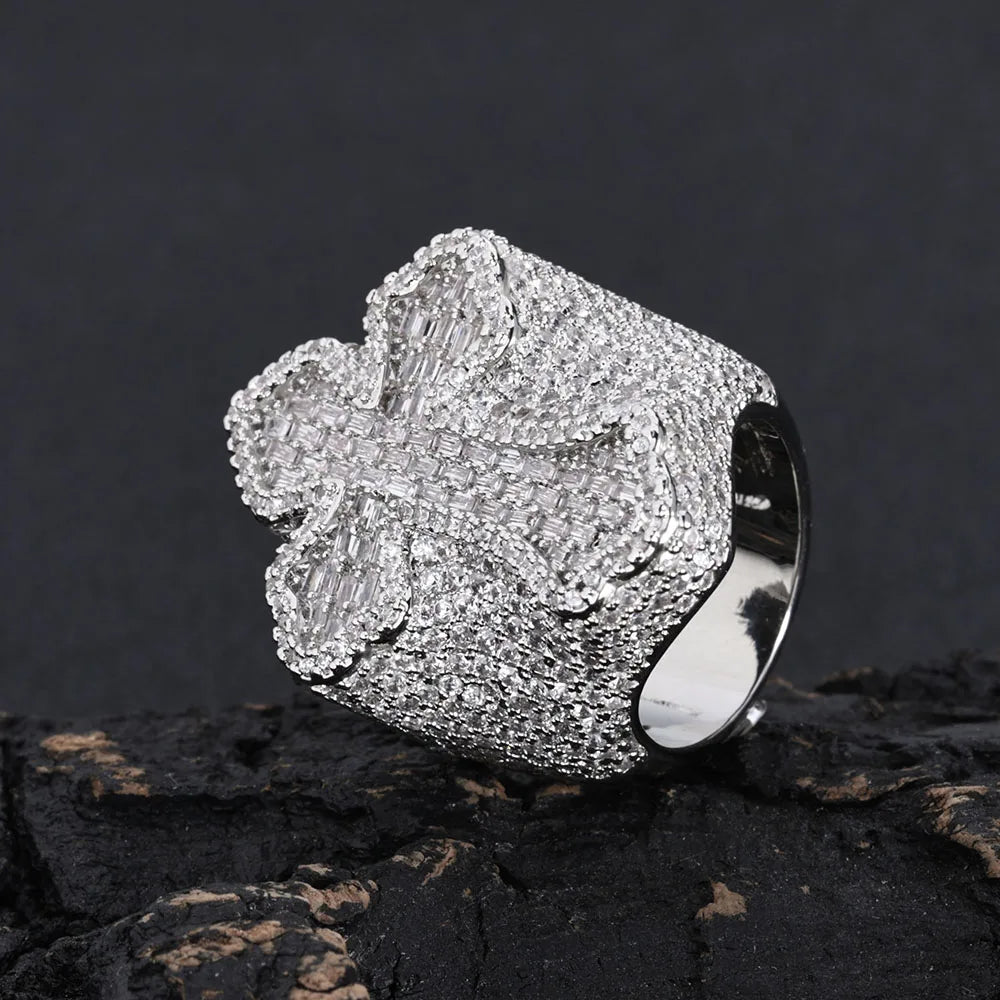 Iced Out Round & T-Shaped Cuban Cross Ring — Copper Alloy