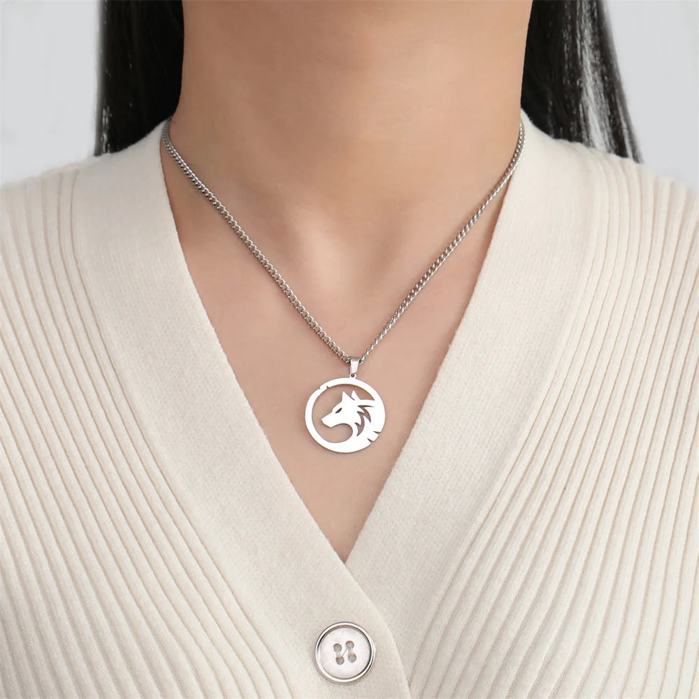 My Shape Punk Wolf Stainless Steel Necklace for Women Men Hollow Animal Wolf On The Hill Pendant Chain Choker Fashion Jewelry