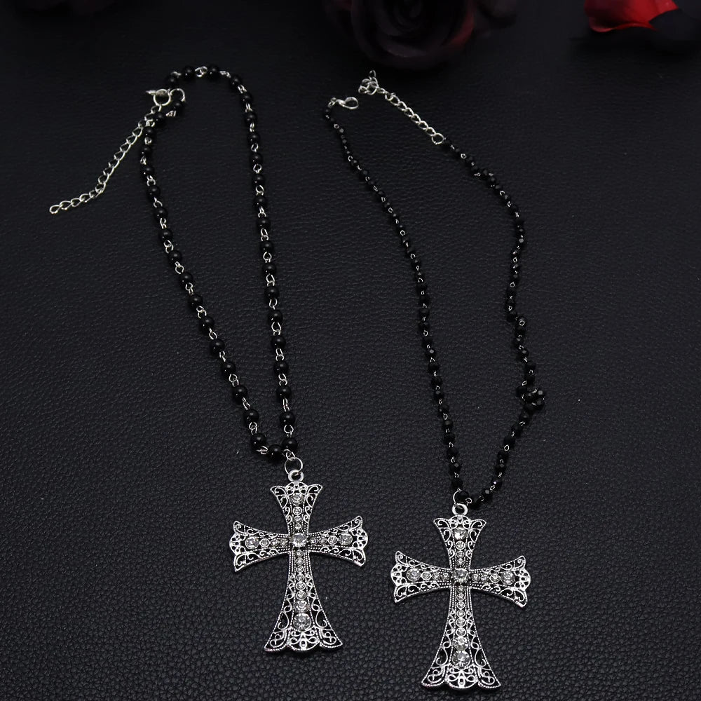 Crystal Filigree Cross Beaded Necklace — Black
