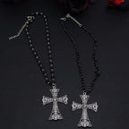 Crystal Filigree Cross Beaded Necklace — Black