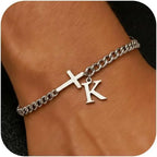 Men Cross Cuban Chain Bracelets for Men Initial A-Z Faith Cross Bracelets, Stainless Steel Initial Bracelet Religious