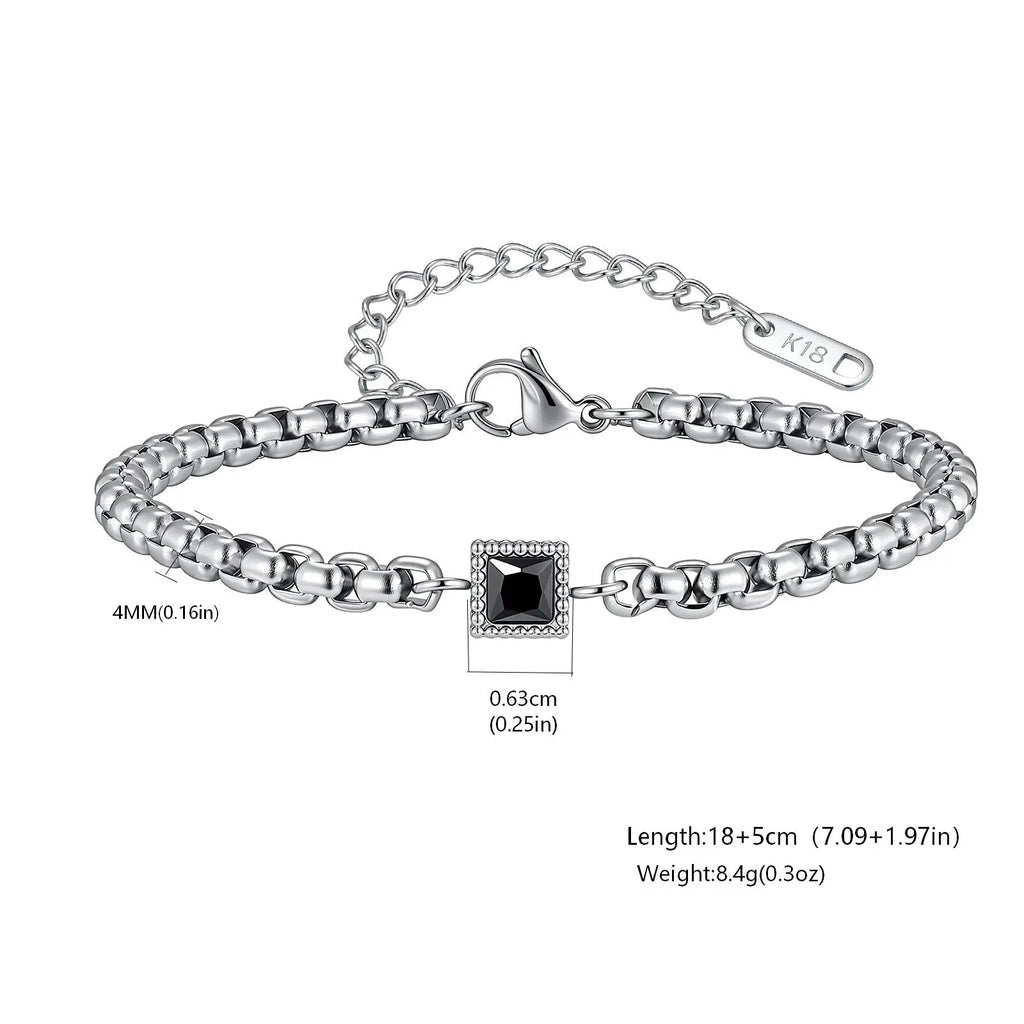 Men's Zircon Charm Bracelet, 4mm Square Chain Stainless Steel Bracelets, Fashion Waterproof Jewelry Gift for Men