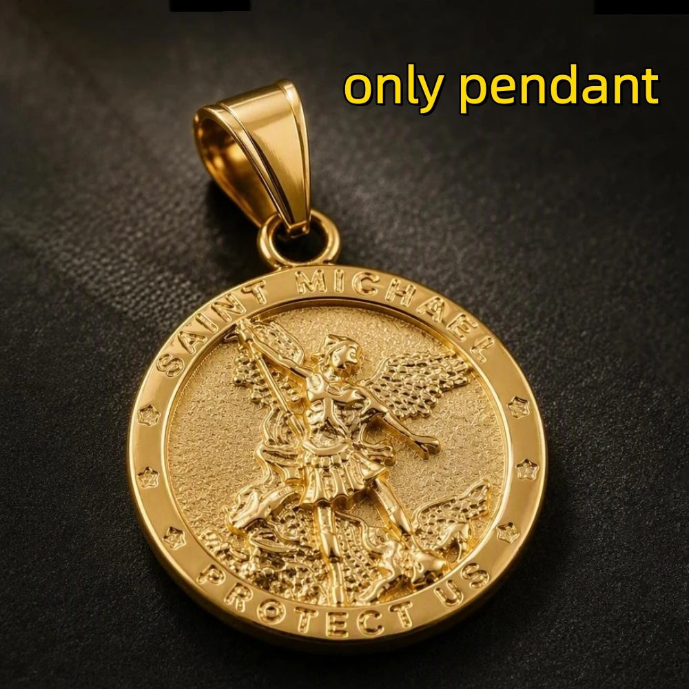 316L Stainless Steel Gold color St. Michael Embossed Round Pendant Necklace Hypoallergenic Tarnish Resistant Street Jewelry