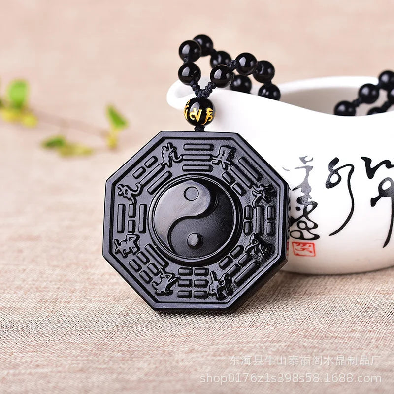 Obsidian Yin Yang Necklace Black Gemstone Amulet Protection Pendant With Adjustable Bead Chain Chinese Feng Shui