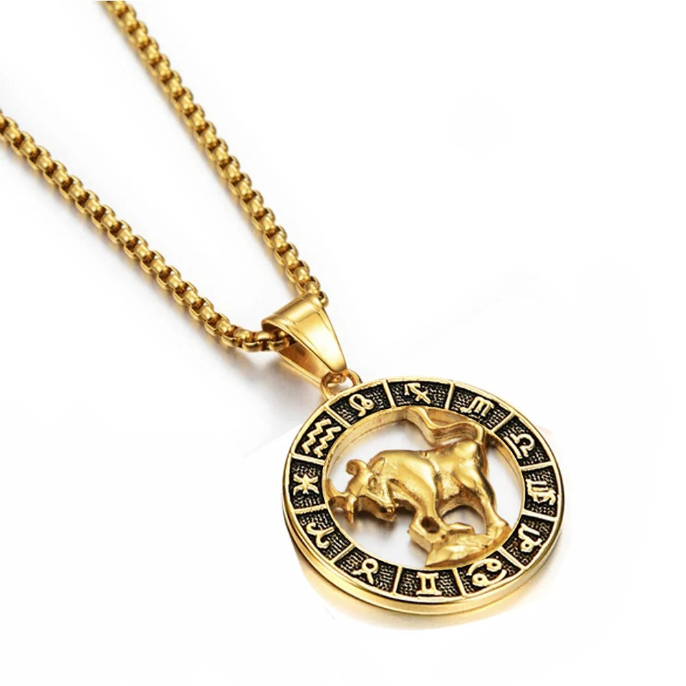 Zodiac Sign Leo Scorpio Pendant Necklace for Women/Men Gold Color Stainless Steel Round 12 Constellation Necklaces
