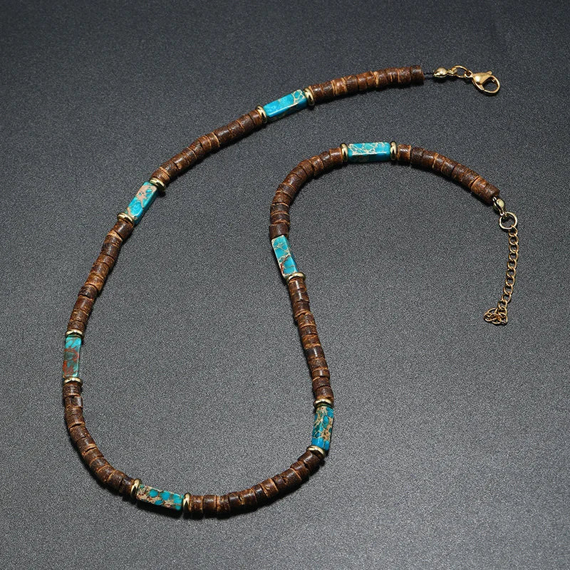 Vintage Bohemian Summer Jewelry Ethnic Style Jewelry Brown Coconut Shell Wood Beads Natural Stone Necklace Men's Jewelry