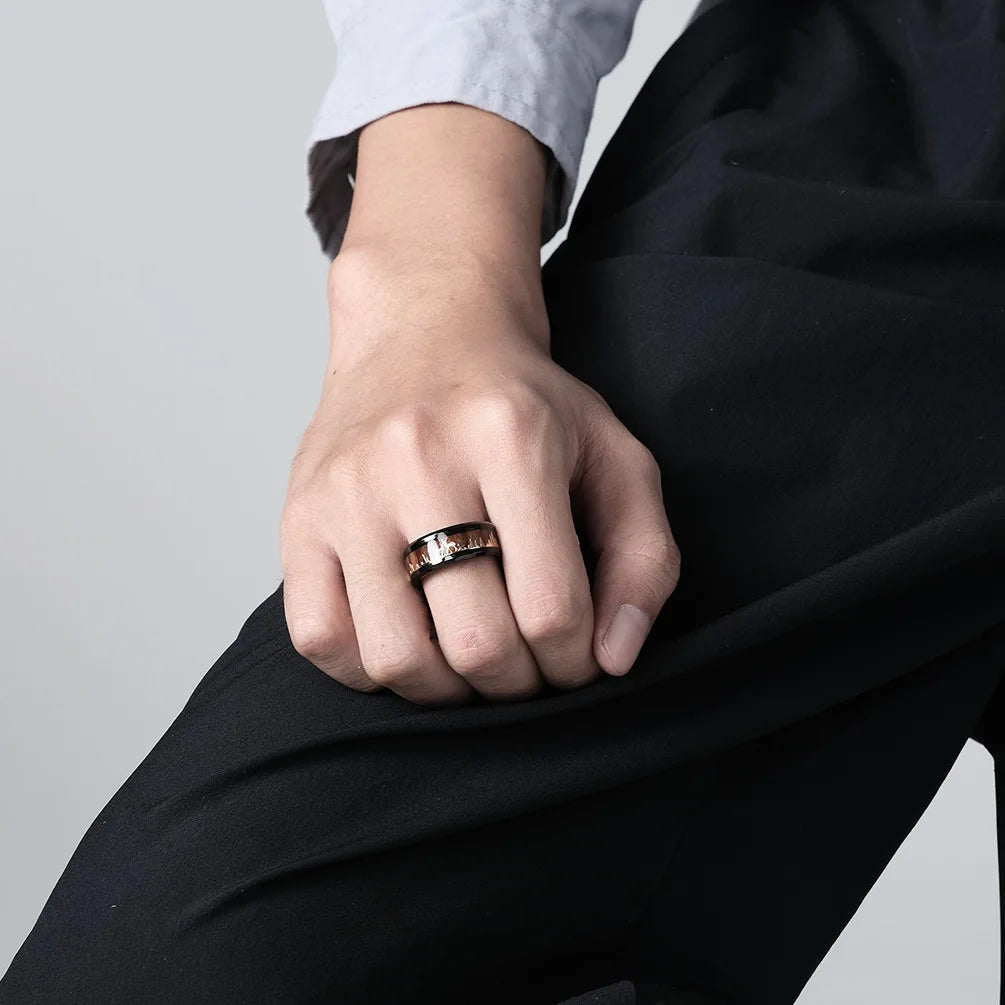 Black Inlaid Wood Grain Elk Christmas Tree Stainless Steel Couple Proposal Ring Animal Fashion Vintage Jewelry Christmas Gift