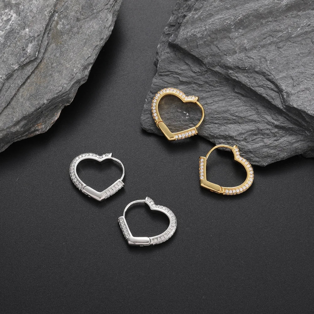 Iced Out Heart Hoop Earrings Stainless Steel CZ