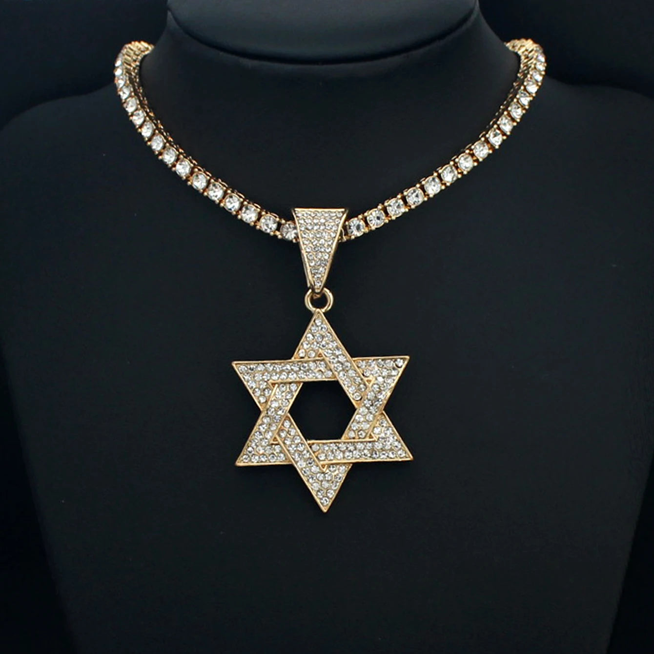 Fashion Star of David Pendant Necklace Women Men Hip Hop Tennis Cuban Chain Necklaces Classic Six-pointed Star Jewish