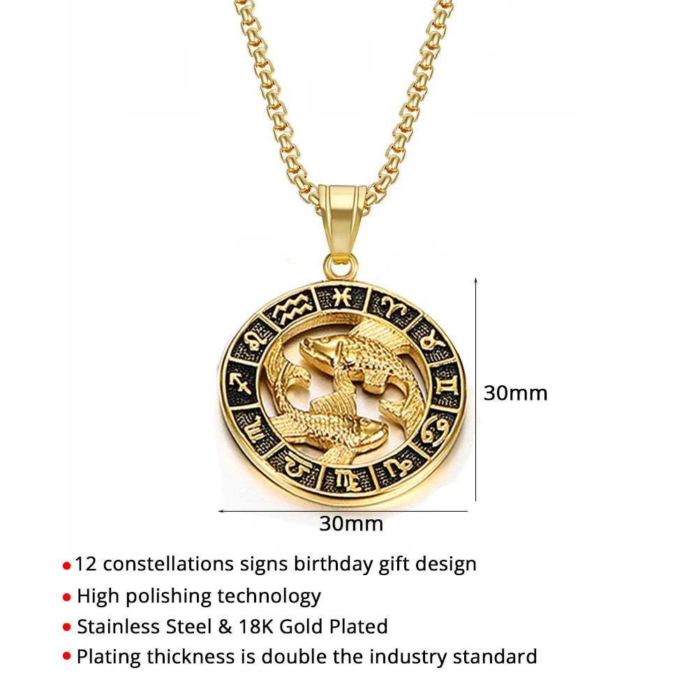 Zodiac Sign Leo Scorpio Pendant Necklace for Women/Men Gold Color Stainless Steel Round 12 Constellation Necklaces