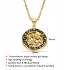 Zodiac Sign Leo Scorpio Pendant Necklace for Women/Men Gold Color Stainless Steel Round 12 Constellation Necklaces