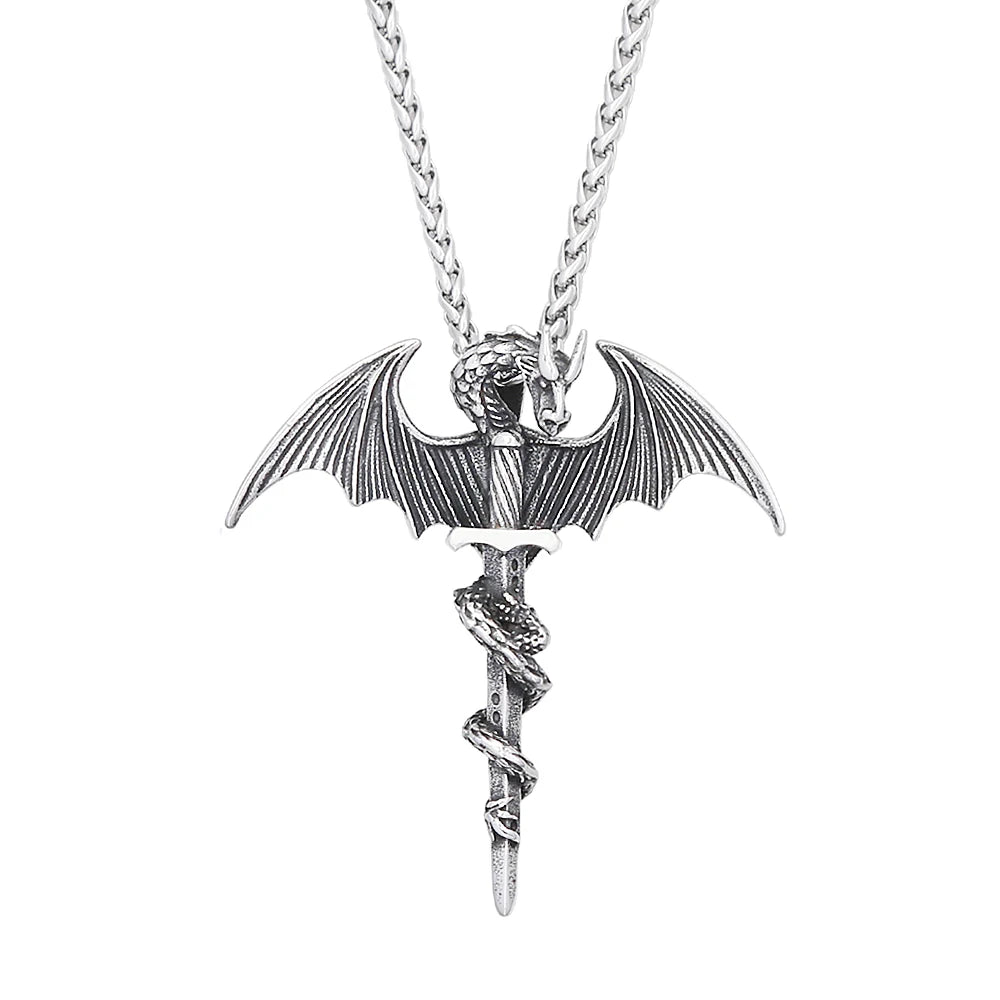 Fashion Flying Dragon Necklace Stainless Steel Punk Sword Pendant Necklace For Men Unique Amulet Jewelry Gift