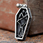 Vintage Men's Stainless Steel Steampunk Coffin Vampire Skull Skeleton Pendant Necklace Gothic Punk Biker Jewelry Gift