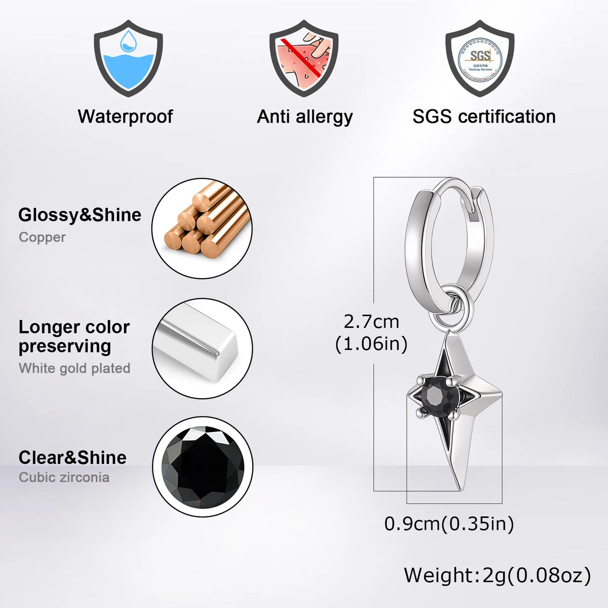 Hip Hop Star Hoop Earrings for Men,Black Zircon Star Copper Hoop Earrings,Trendy Jewelry Gift