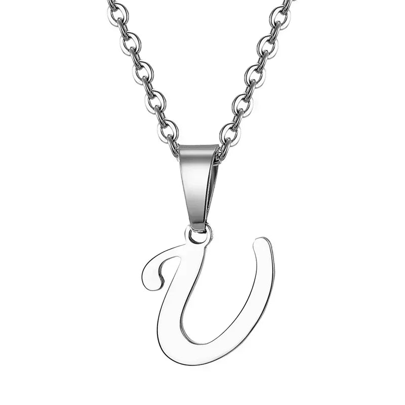 Vintage Initial Letter Pendant Necklace for Women Simple Stainless Steel Letter Glossy Clavicle Chain Choker Necklaces Jewelry