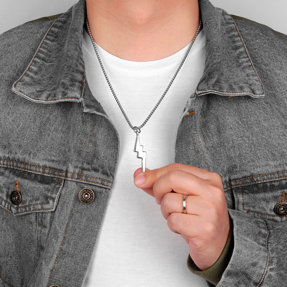 Lightning Thunder Long Men Necklaces Pendants Chain Punk for Boyfriend Male Stainless Steel Jewelry Creativity Gift Wholesale