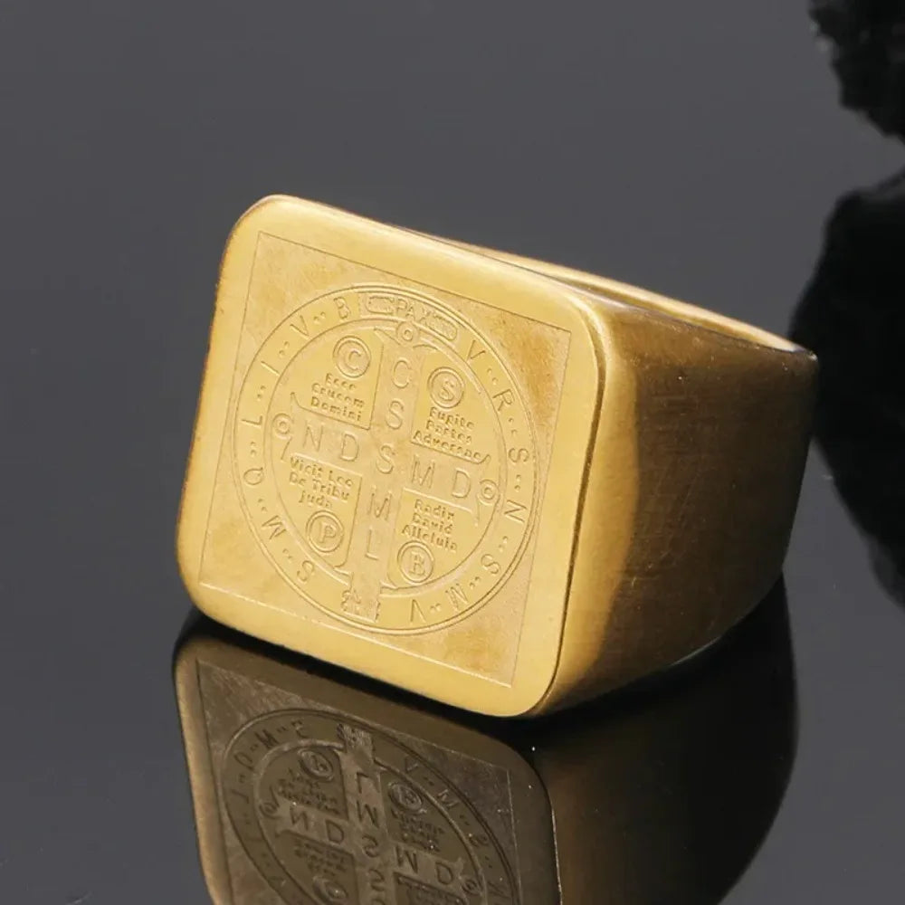 St. Benedict Exorcism Ring for Men — Geometric Square Band