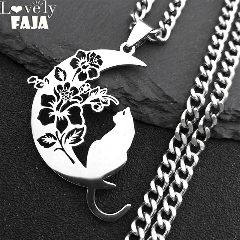 Wicca Moon Cat Pendant — Stainless Steel