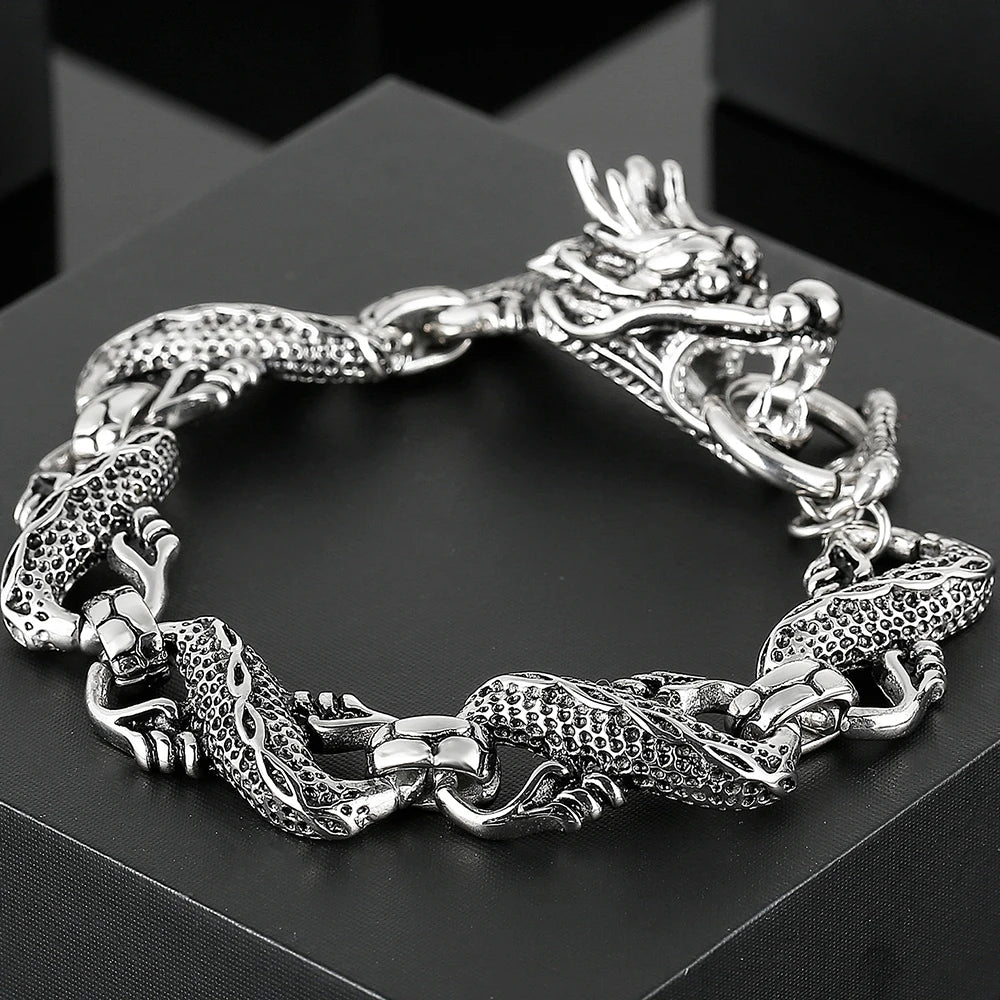 Massive Chinese Dragon Head Cuff Men's Bracelets Vintage Stainless Steel Loong Body Chain Bracelet for Man Gothic