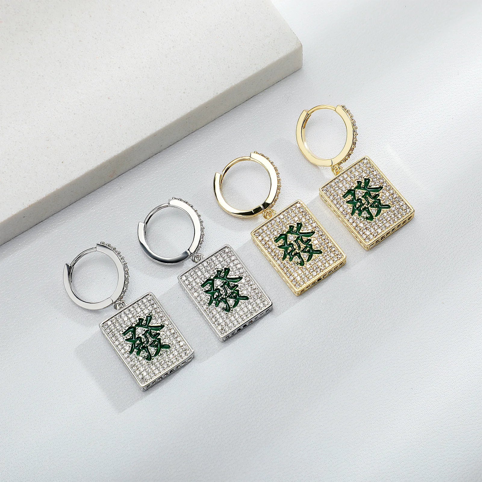 Iced Out Mahjong Dangle Earrings CZ
