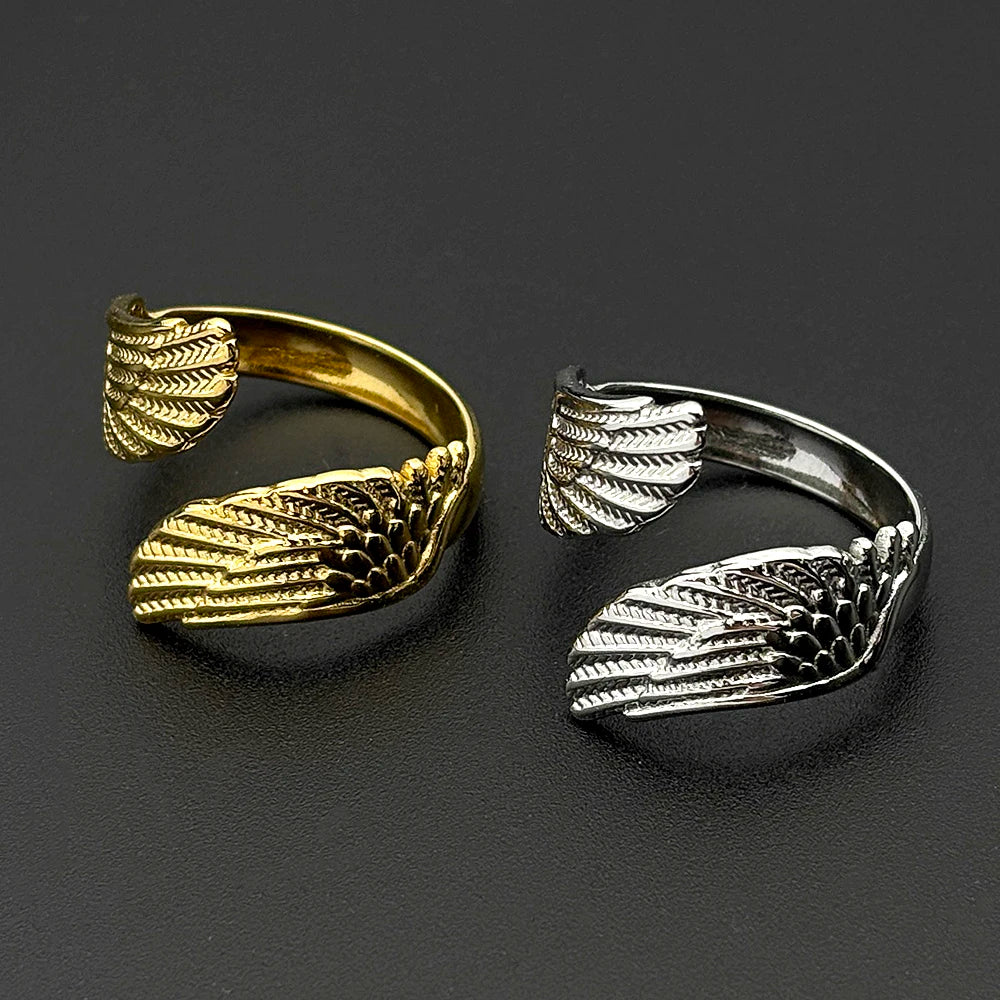 Angel Wing Wrap Open Adjustable Rings for Women Men Stainless Steel Gold Plated Feather Protection Finger Ring Jewelry