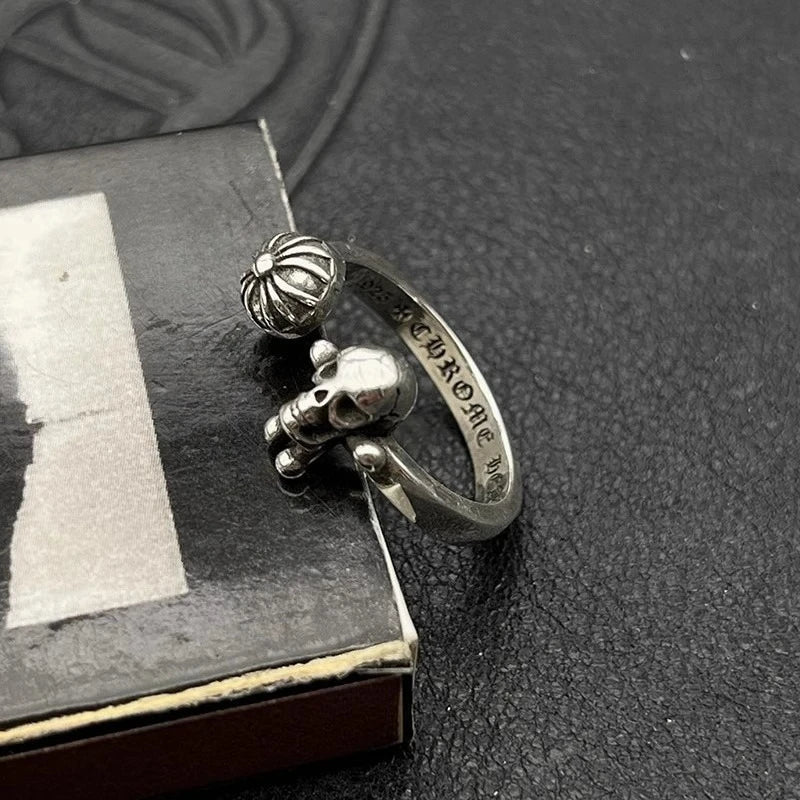 S925 Sterling Silver Vintage Cross Ball Skull Man Opening Fine Ring Men's Medieval Non-Fading Niche Premium