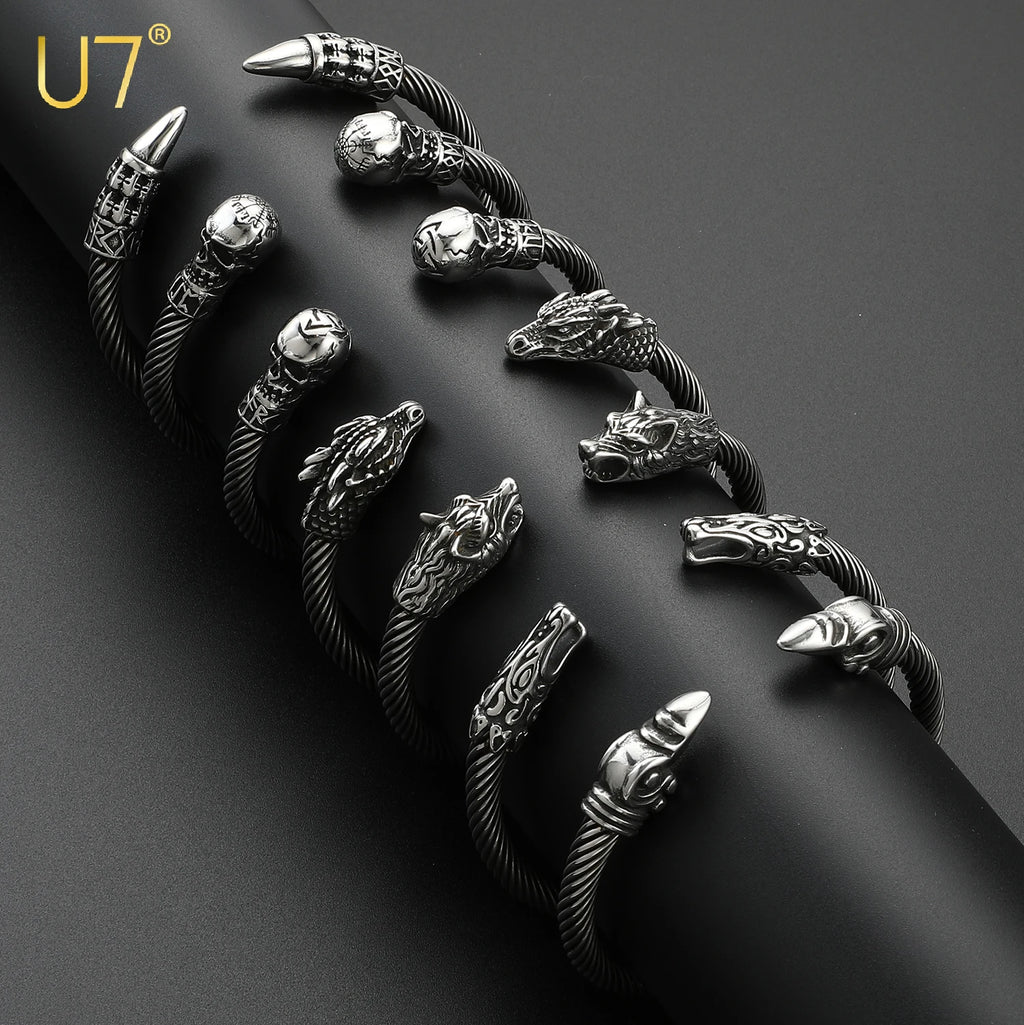 U7 Stainless Steel 6mm Wide Twristed Cable Open Bangle Cuff for Man Skull Dragon Long Charm End Rock Gothic Punk Jewelry Gift