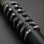 U7 Stainless Steel 6mm Wide Twristed Cable Open Bangle Cuff for Man Skull Dragon Long Charm End Rock Gothic Punk Jewelry Gift