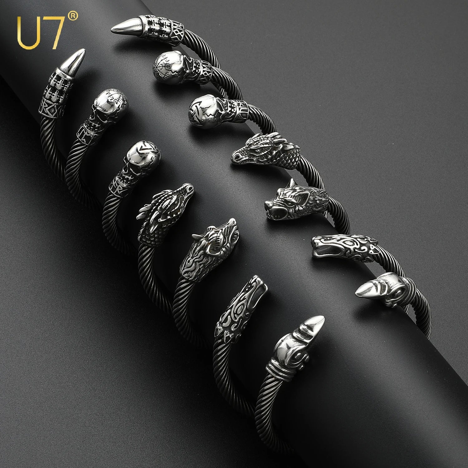 U7 Stainless Steel 6mm Wide Twristed Cable Open Bangle Cuff for Man Skull Dragon Long Charm End Rock Gothic Punk Jewelry Gift