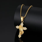 Iced Out Praying Hands Cross Pendant — Gold