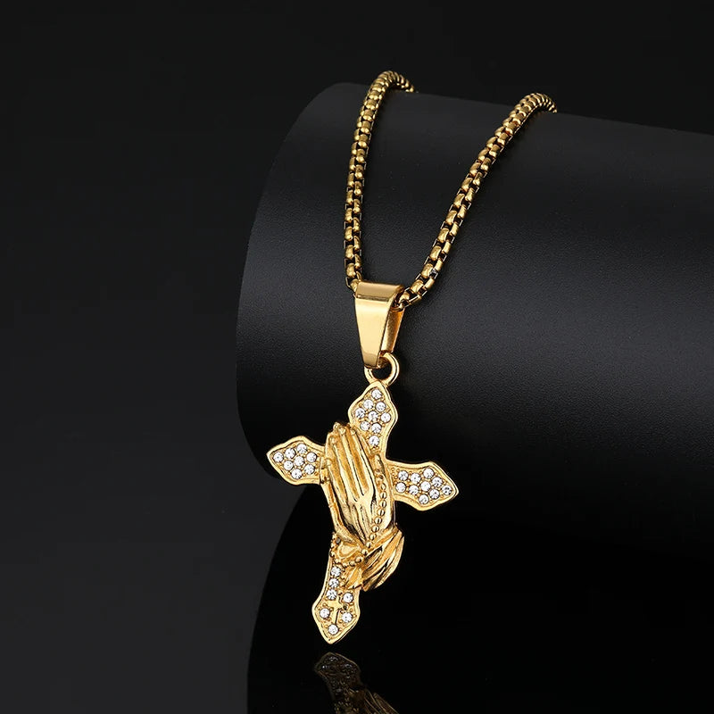 Iced Out Praying Hands Cross Pendant — Gold