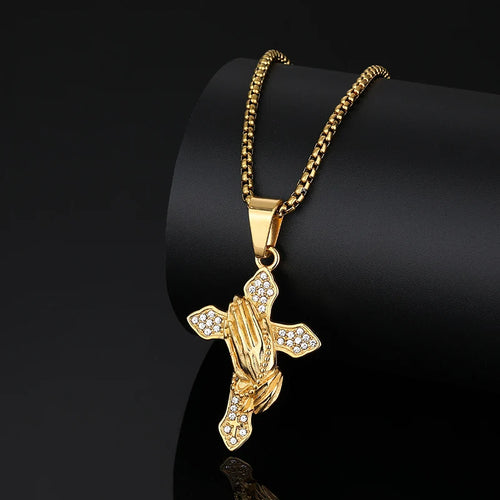 Iced Out Praying Hands Cross Pendant — Gold