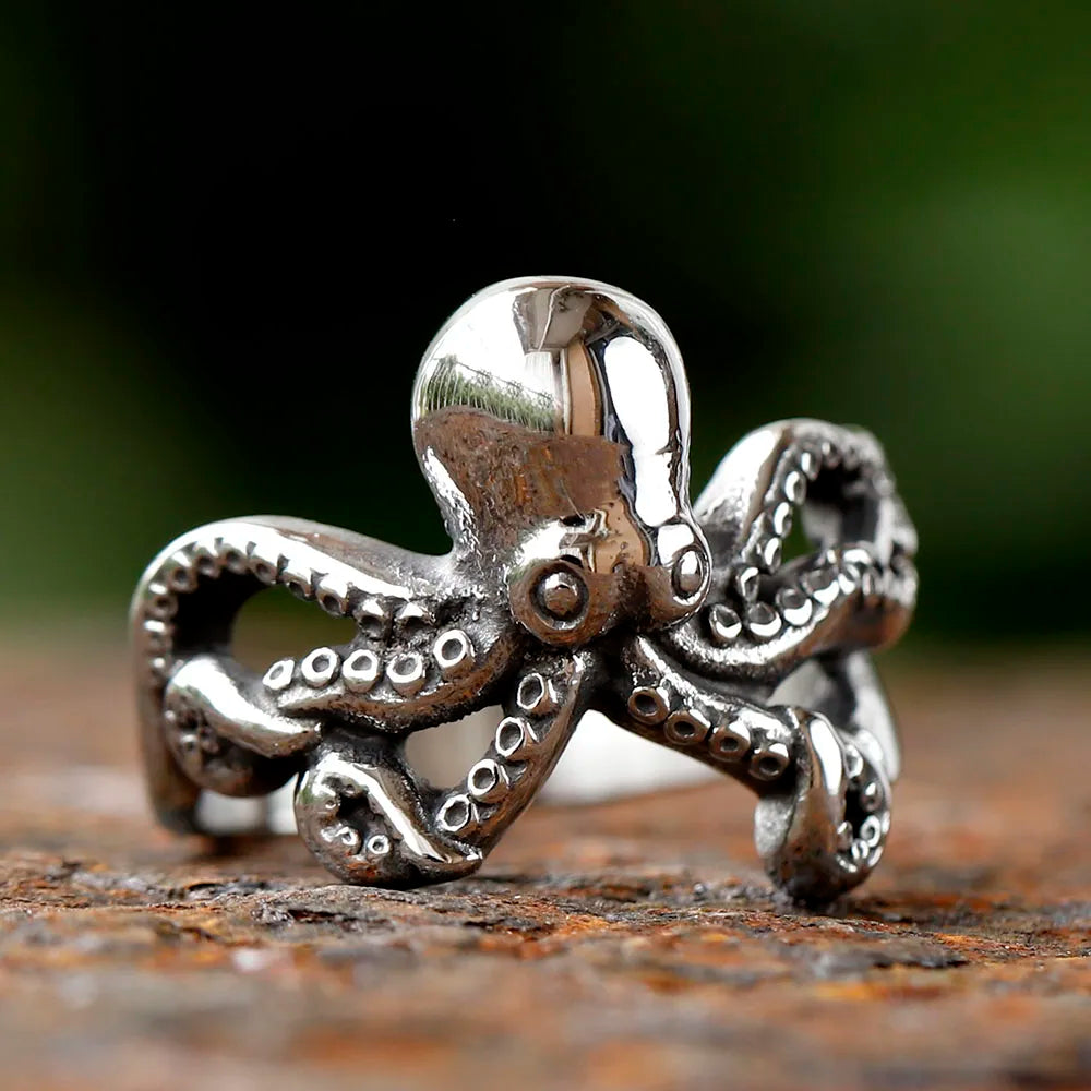 2024 New 316L Stainless Steel Vintage COOL Octopus Ring With Patterns Gothic For Men Women Punk Motorcycle Jewelry