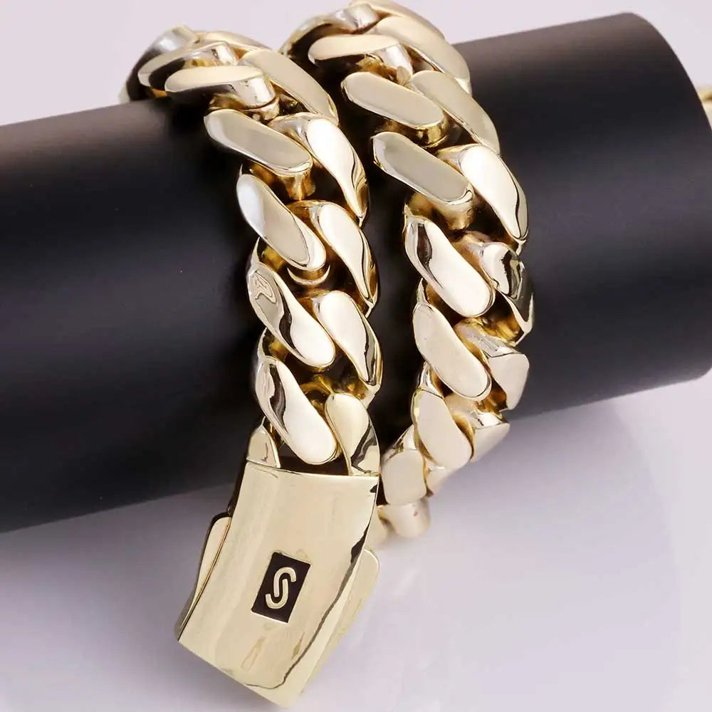 Gold Cuban Chain Necklace 14K Monaco Lock