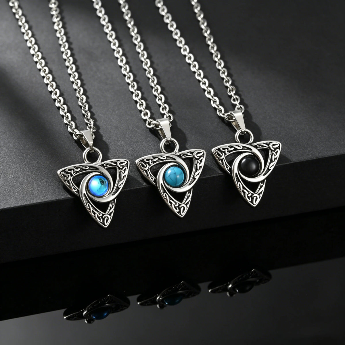 Vintage Celtic Knot Pendant Inlaid Black Opal Turquoise Necklace for Men, Retro Fashion Natural Stone Stainless Steel Jewelry