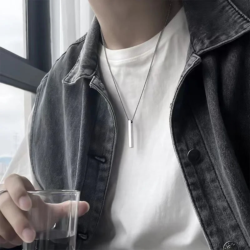Simple Fashion 3D Vertical Bar Necklaces for Men Minimalist Stainless Steel Geometric Pendant Chain Male Collar Jewelry
