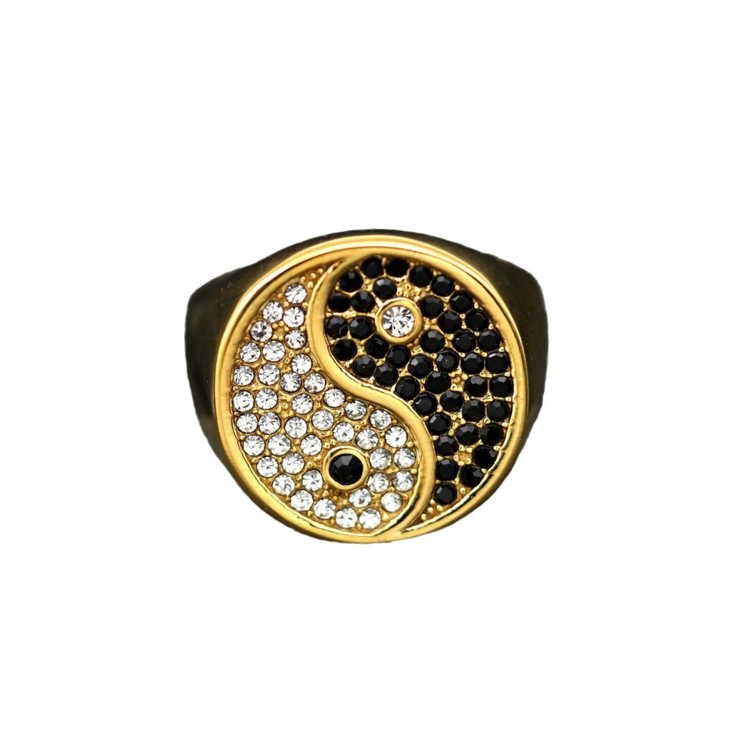 New Retro China Style Tai Chi Diagram Black White Rhinestones 316L Stainless Steel Male Female Ring
