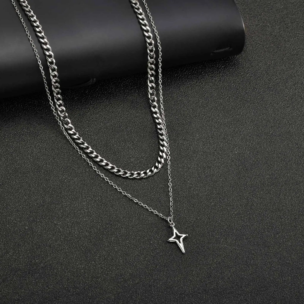Vnox 2pcs/set Link Chain Chokers Four-point Star Pendant O-Chain Necklace Set for Men, Stainless Steel Silver Color Jewelry Gift